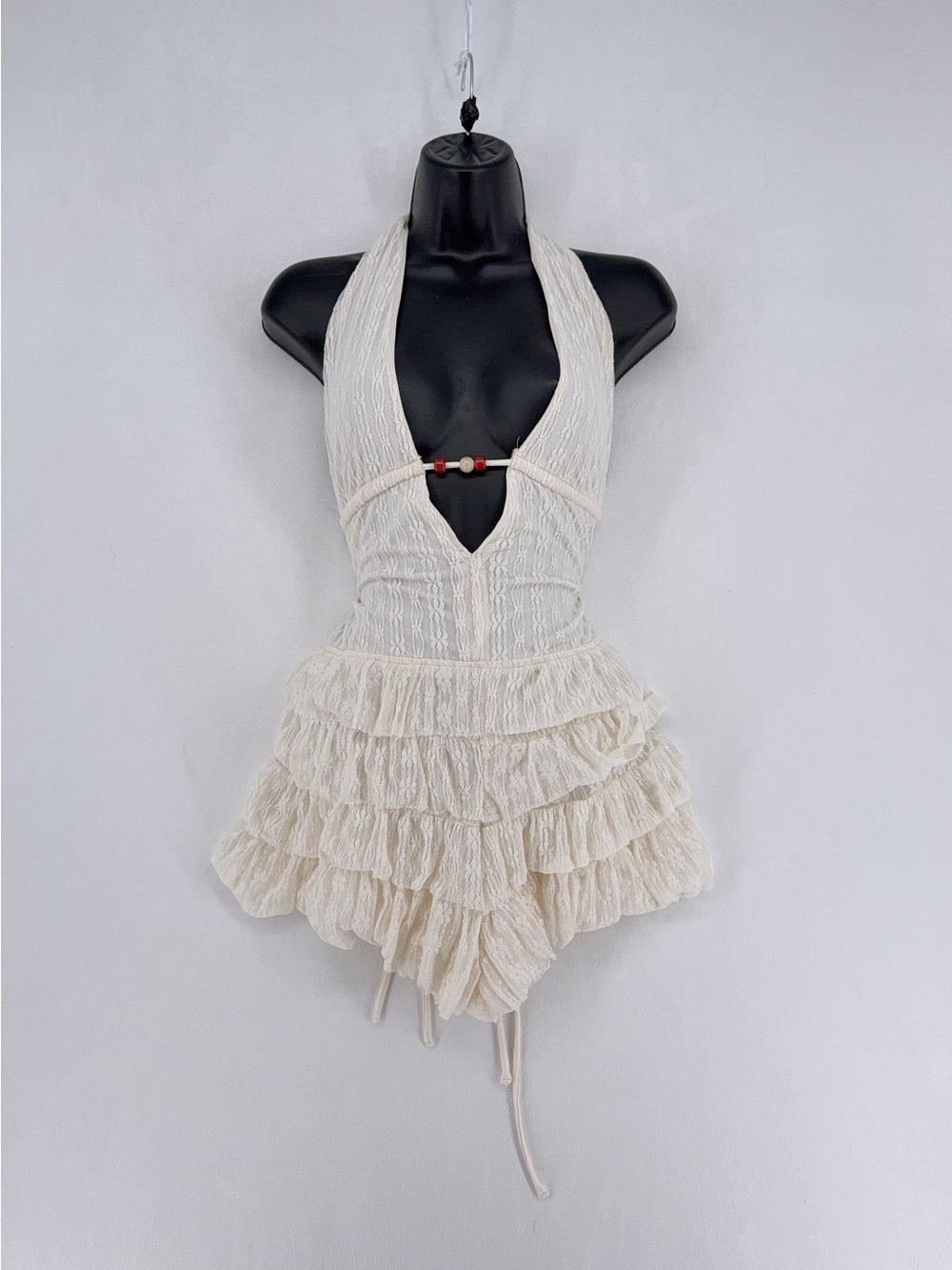 Blanc clothing White Ruffle Halter Plunging Neck Romper Dress Size L